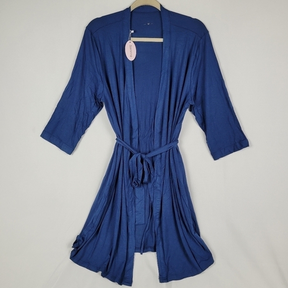 Samring Women's Robe Kimono Soft Bamboo Sleepwear Short Knit Bathrobe Blue Sz L - Picture 1 of 9